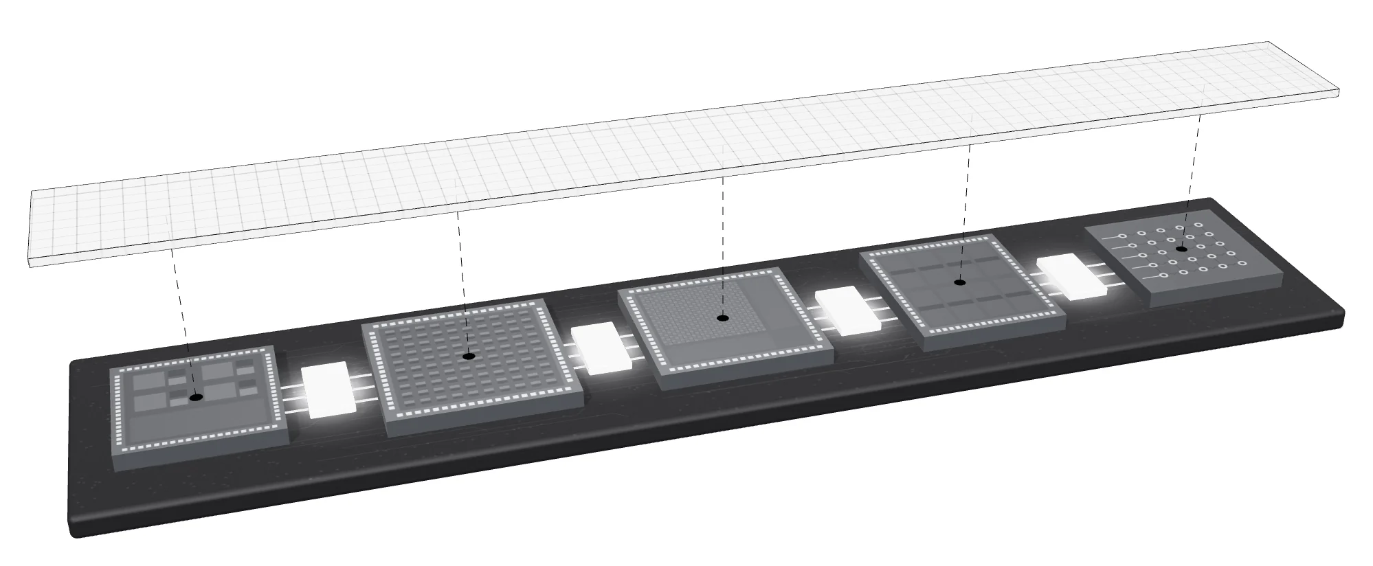 The same five chips joined by glowing interconnect blocks in each slot, with a translucent architecture layer floating above all of them and dashed lines dropping to every chip.